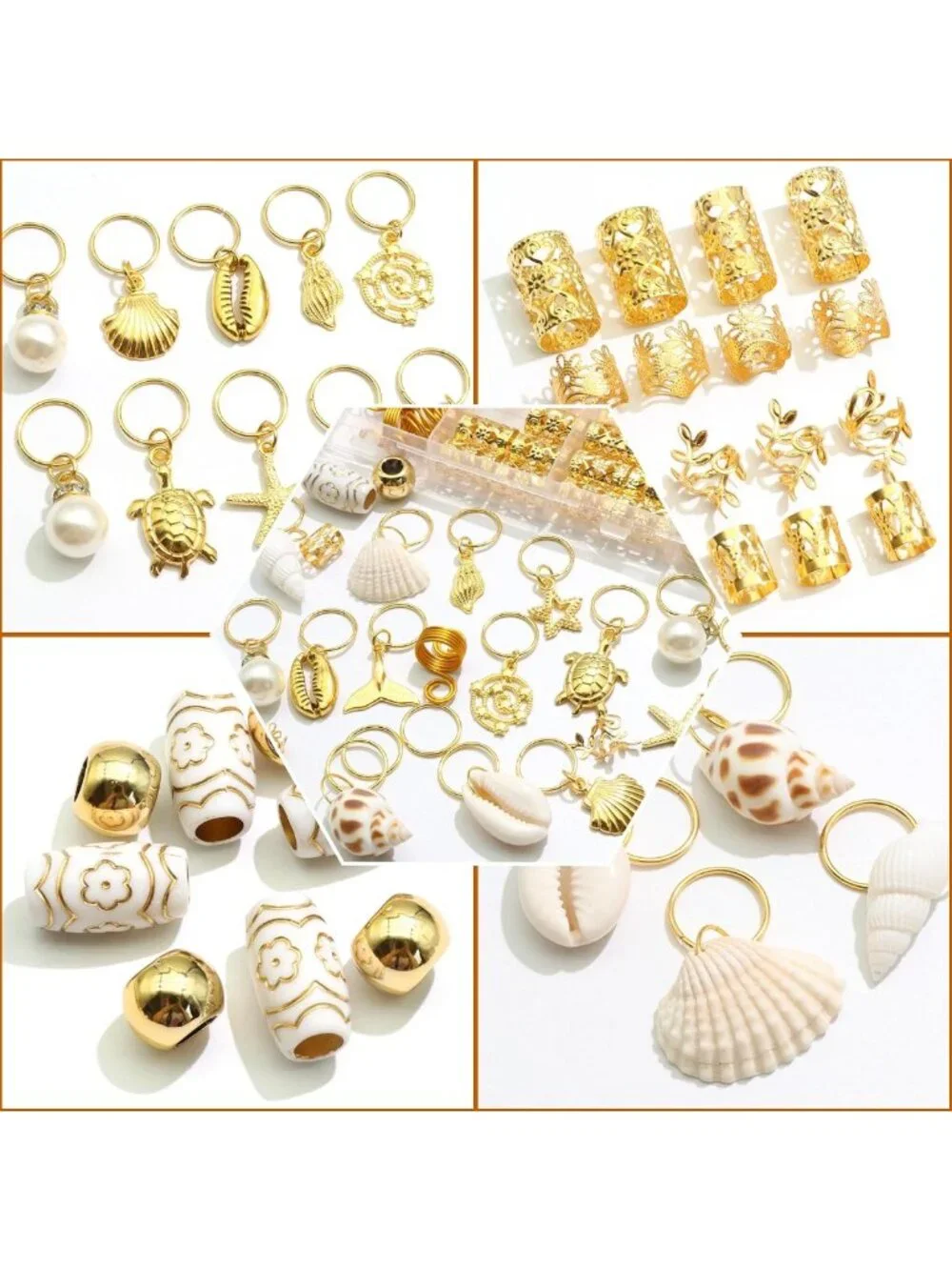 149Pcs Gold Shell Hair Jewelry Loc Cuffs & Rings for Boho Hairstyles